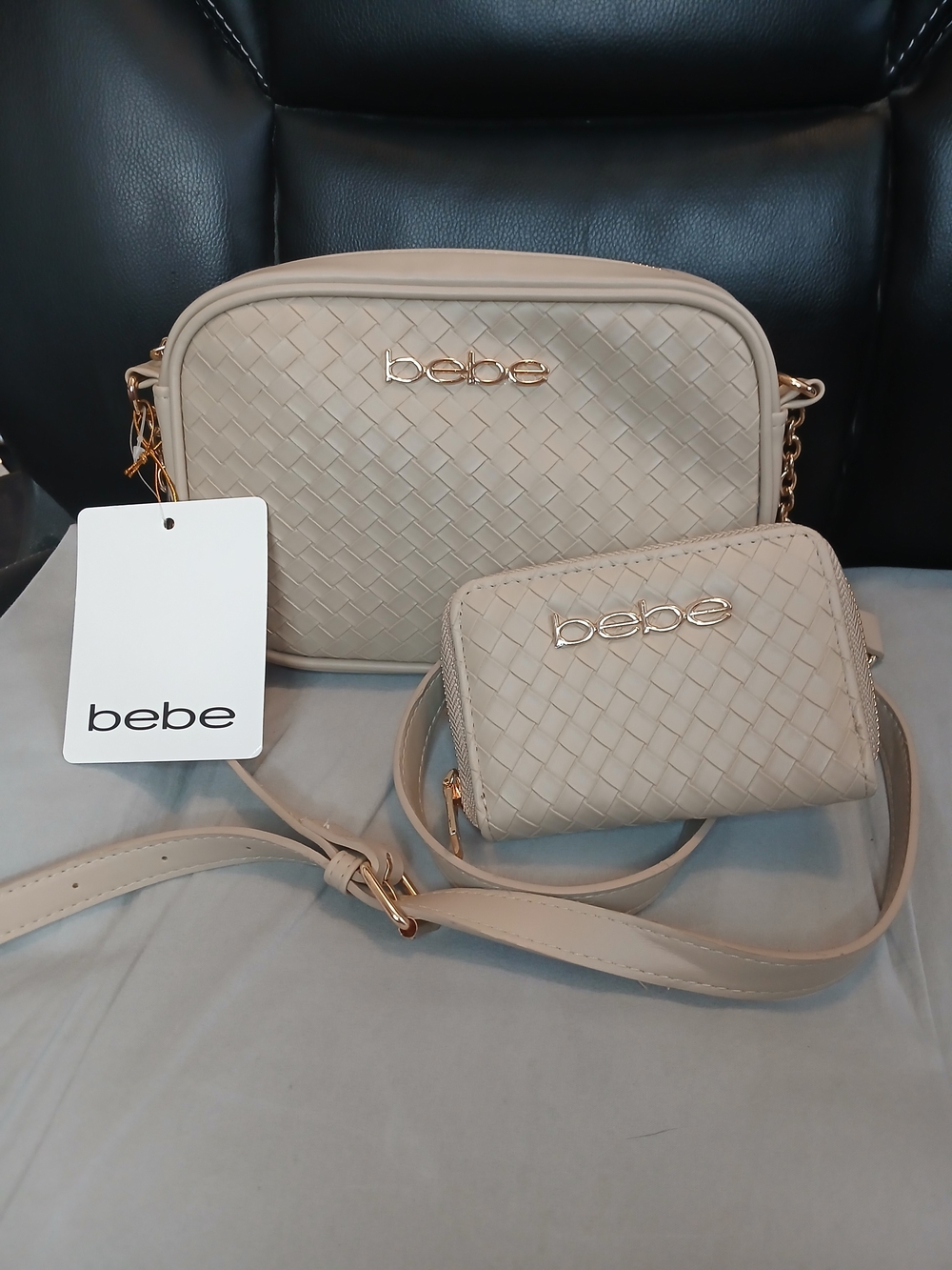 bebe Woven Crossbody Bag and Wallet Set in Beige